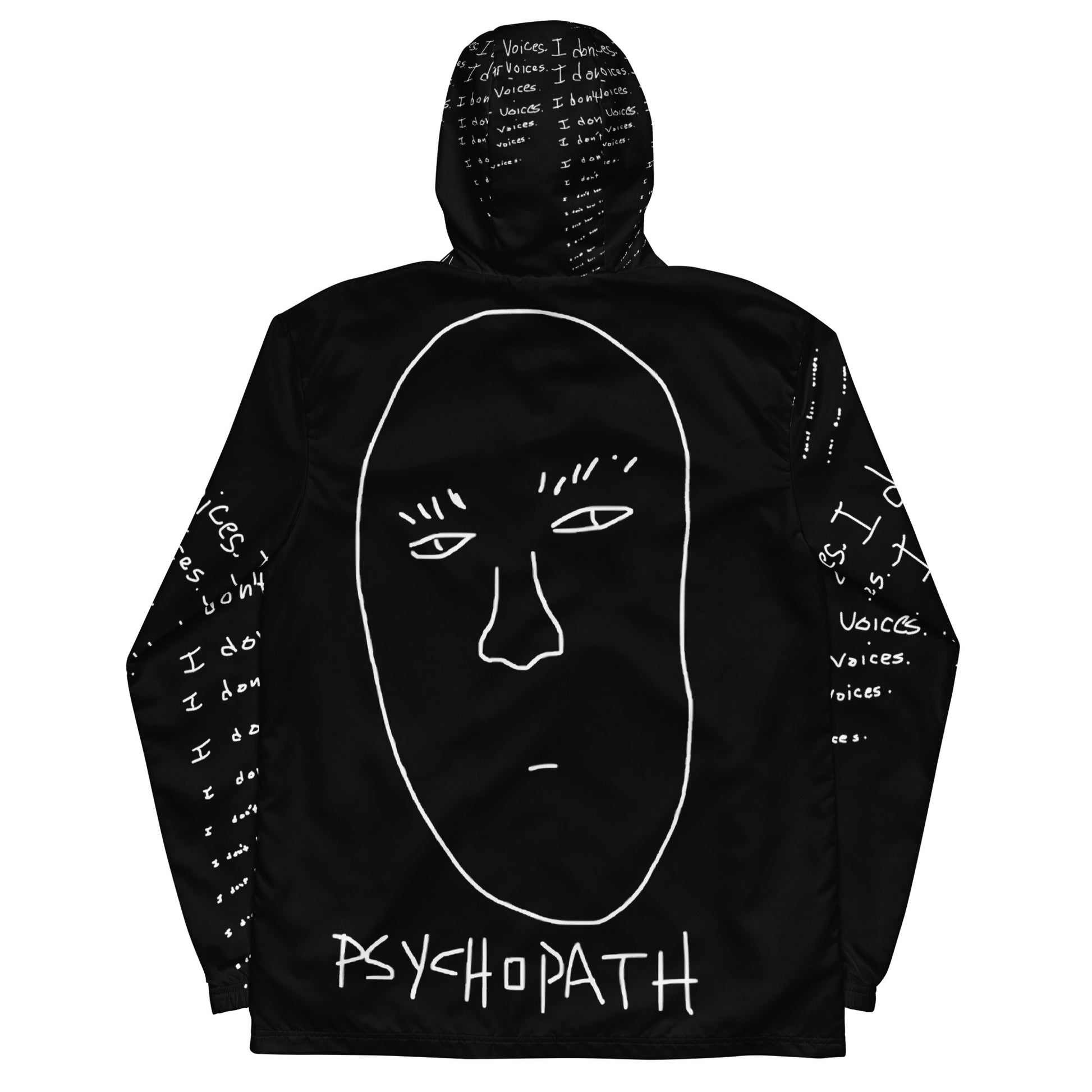 Black hoodie with white face design and 'PSYCHOPATH' text on a white background
