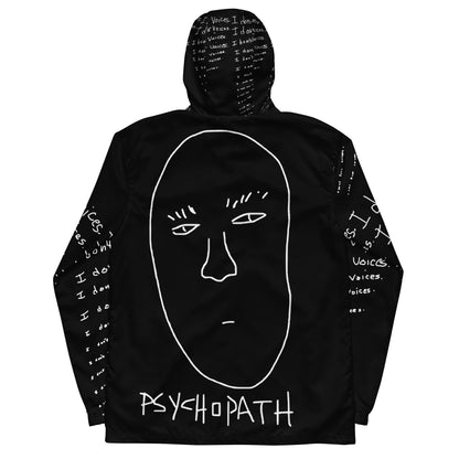 Black hoodie with white face design and 'PSYCHOPATH' text on a white background
