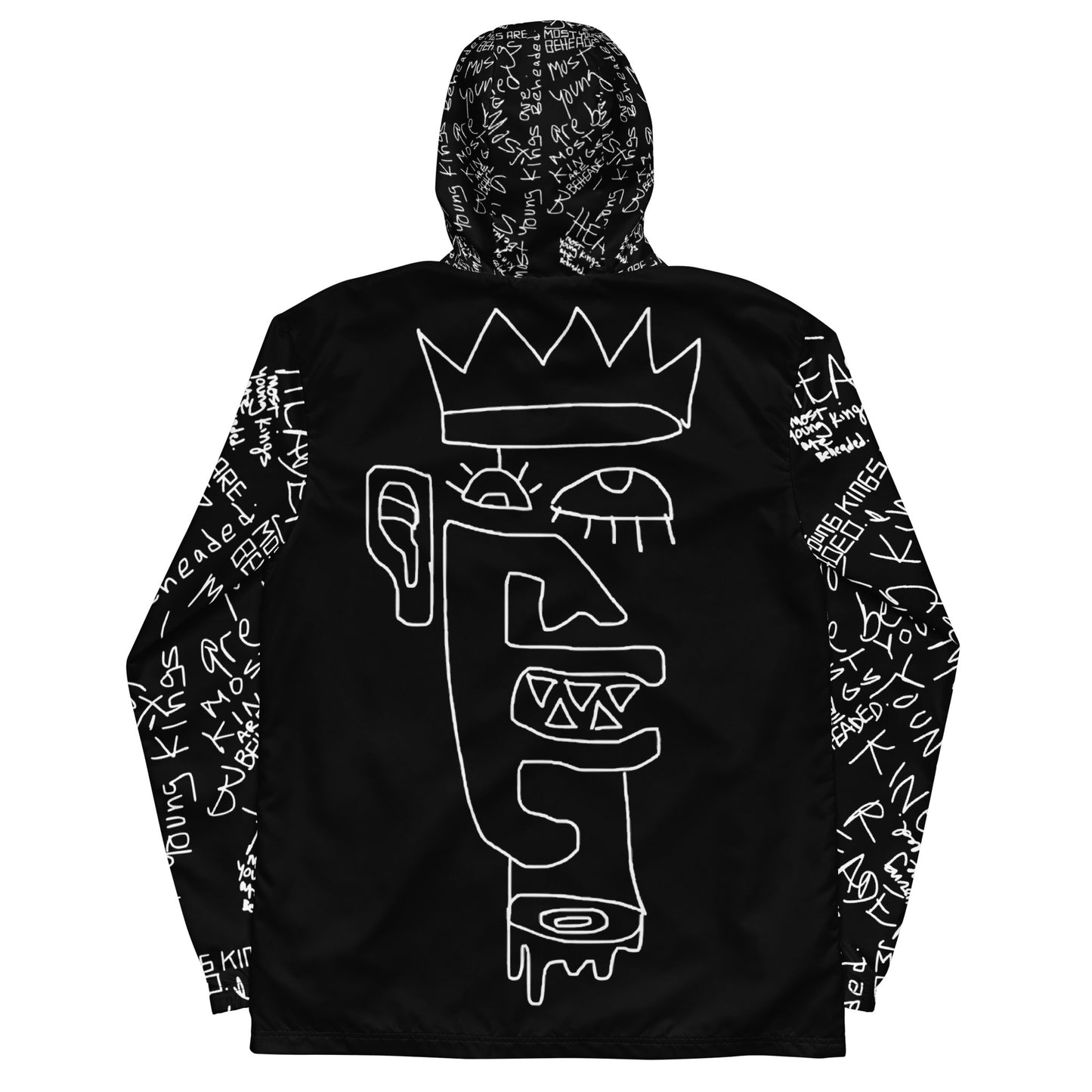 Black hoodie with white graphics and text on a white background