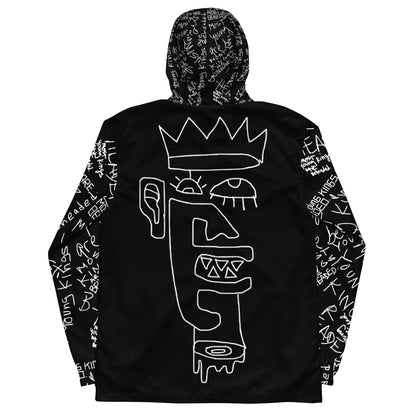 Black hoodie with white graphics and text on a white background