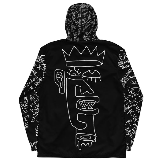 Black hoodie with white graphics and text on a white background