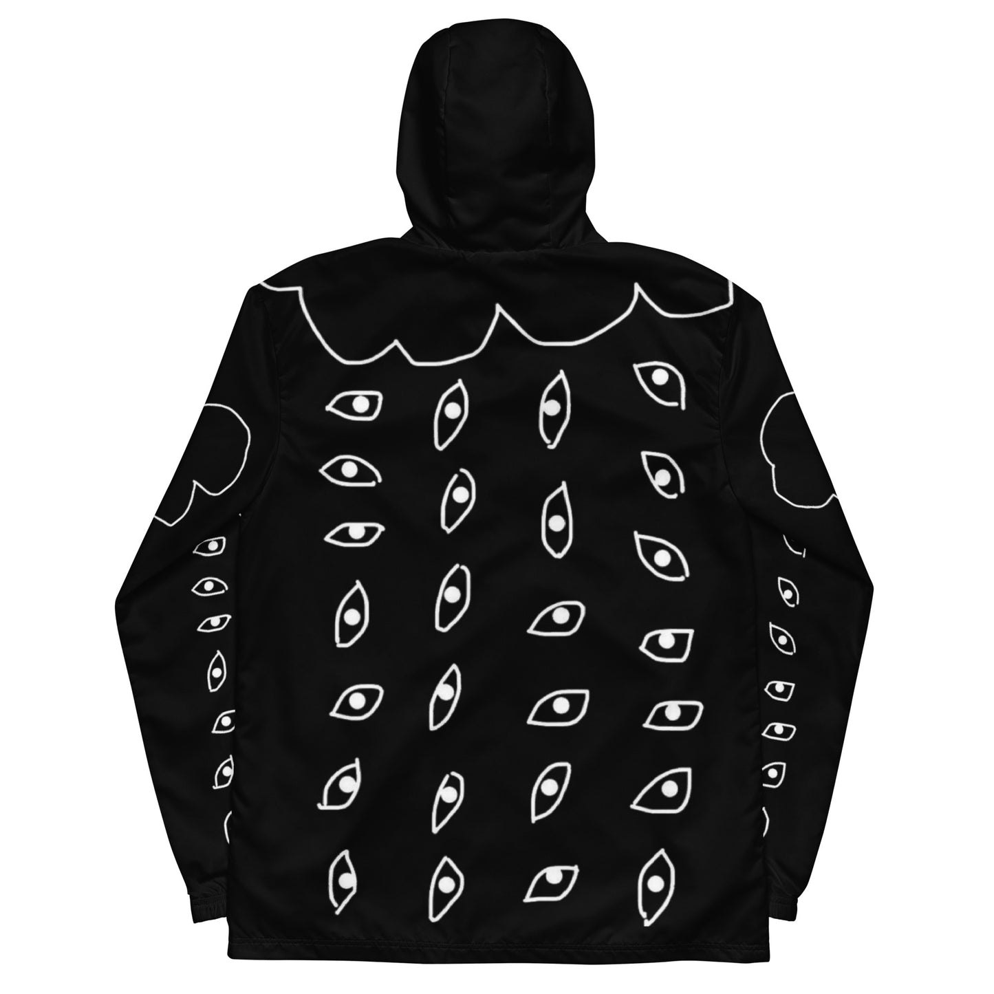 Black hoodie with white eye pattern on a white background