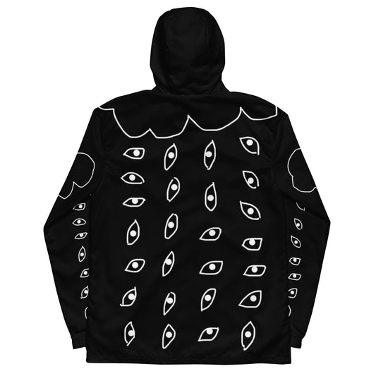 Black hoodie with white eye pattern on a white background