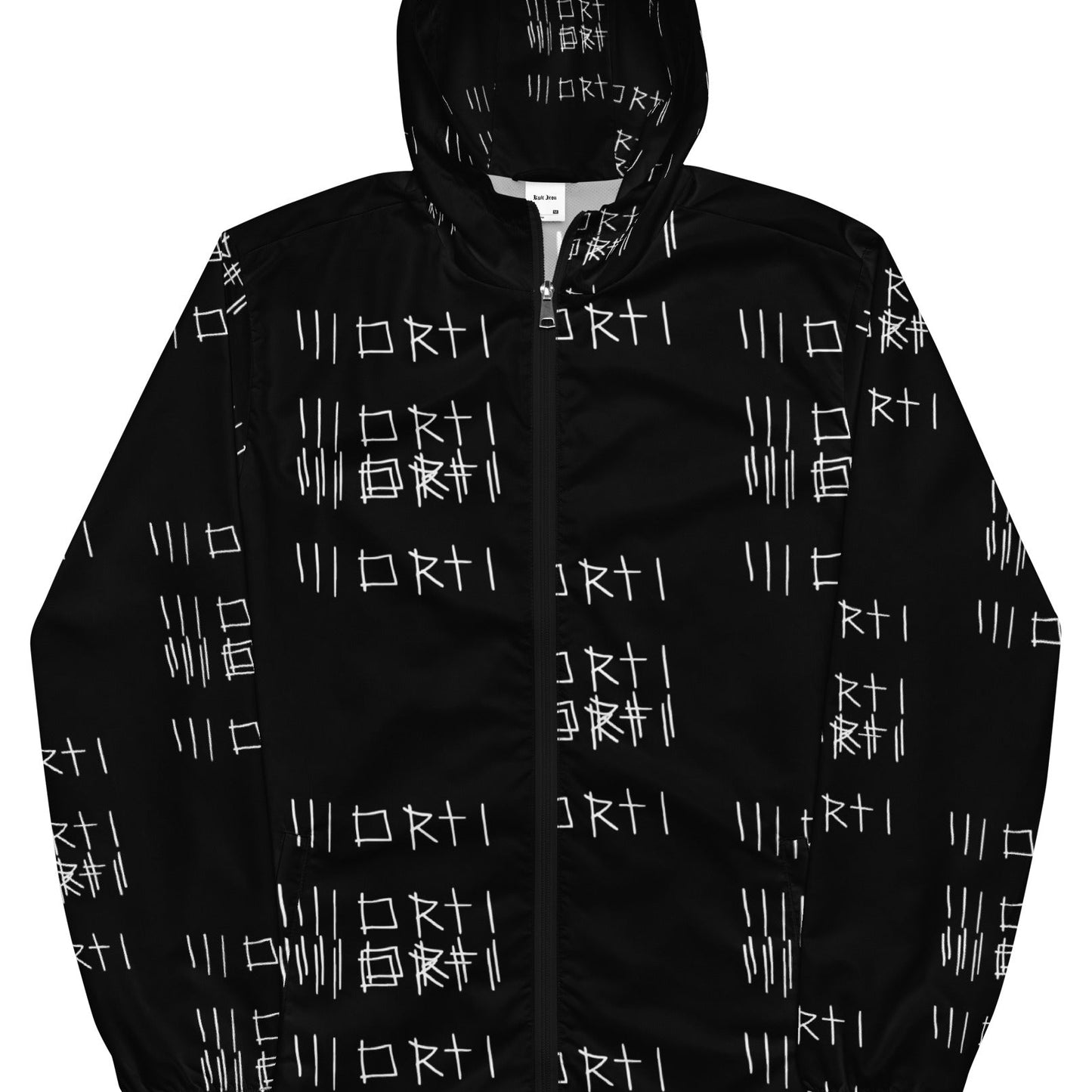 Black jacket with white text pattern on a white background