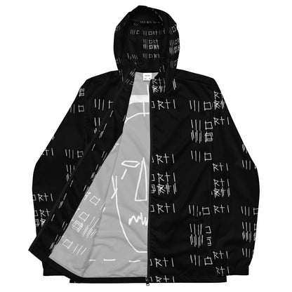 Black raincoat with white geometric pattern on a white background
