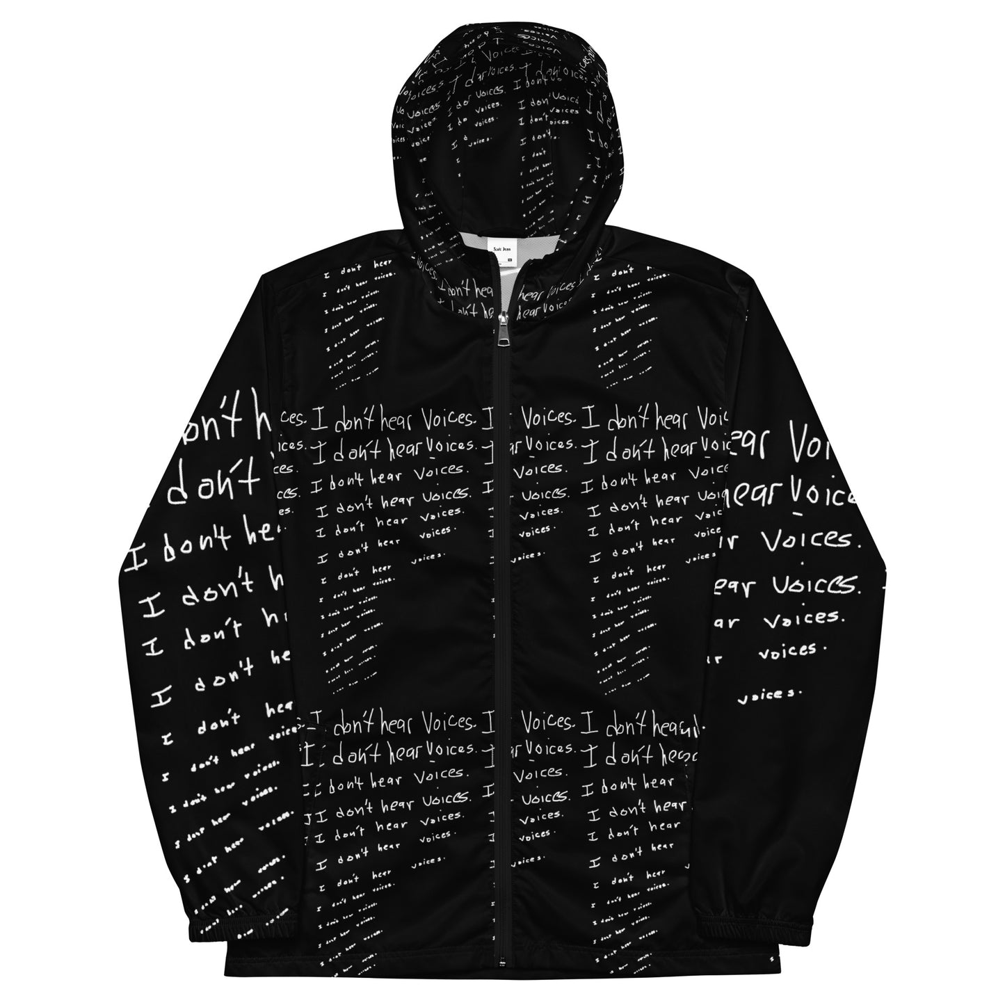 Black hoodie with white text pattern on a white background
