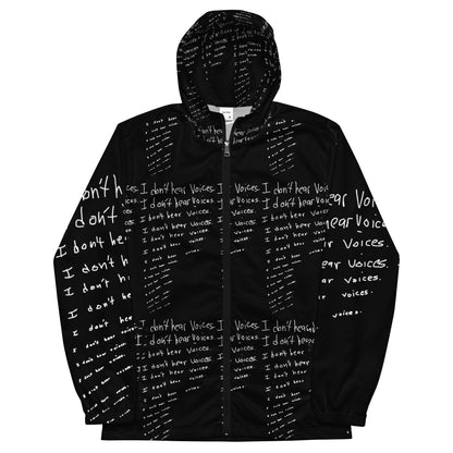 Black hoodie with white text pattern on a white background