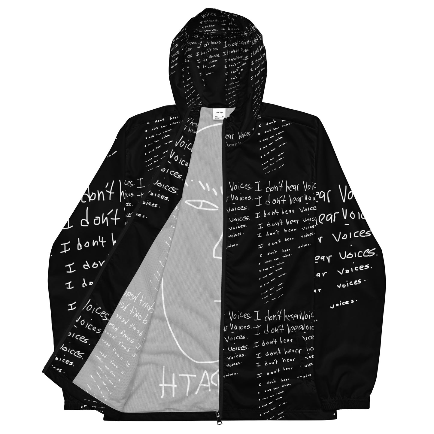 Black jacket with white text and a gray interior on a white background