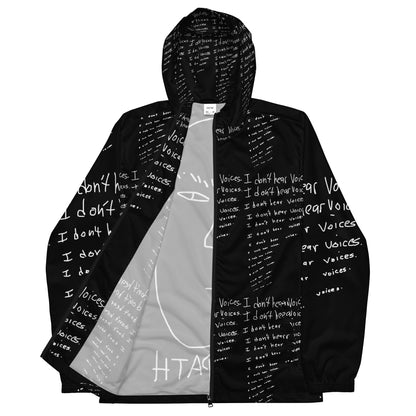 Black jacket with white text and a gray interior on a white background