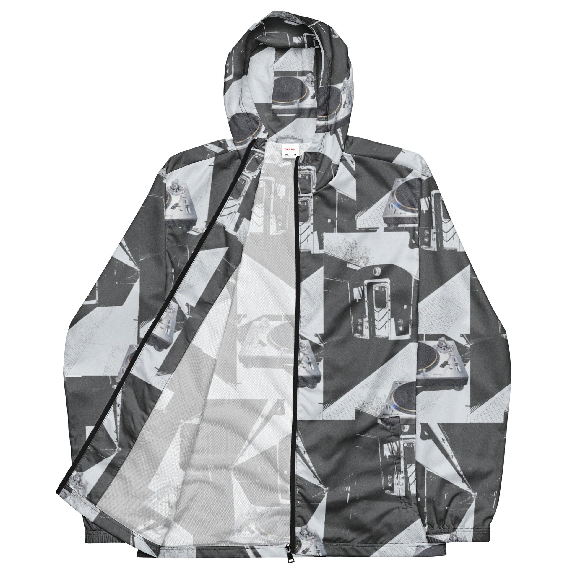 Patterned jacket with geometric design on a white background