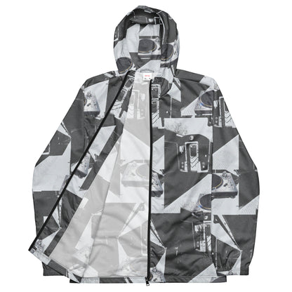 Patterned jacket with geometric design on a white background