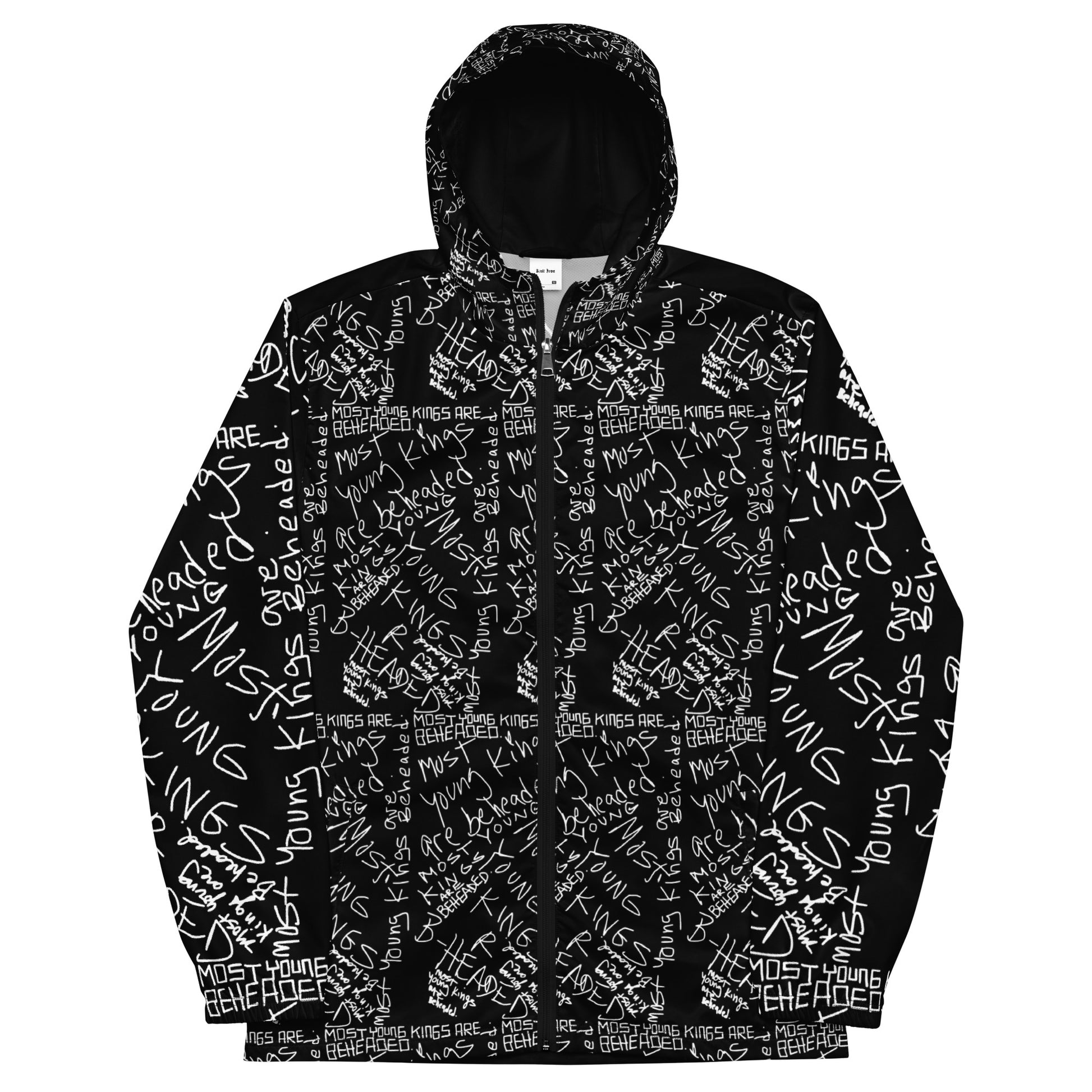 Black jacket with white text pattern on a white background