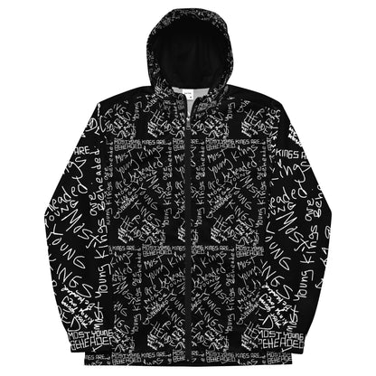 Black jacket with white text pattern on a white background