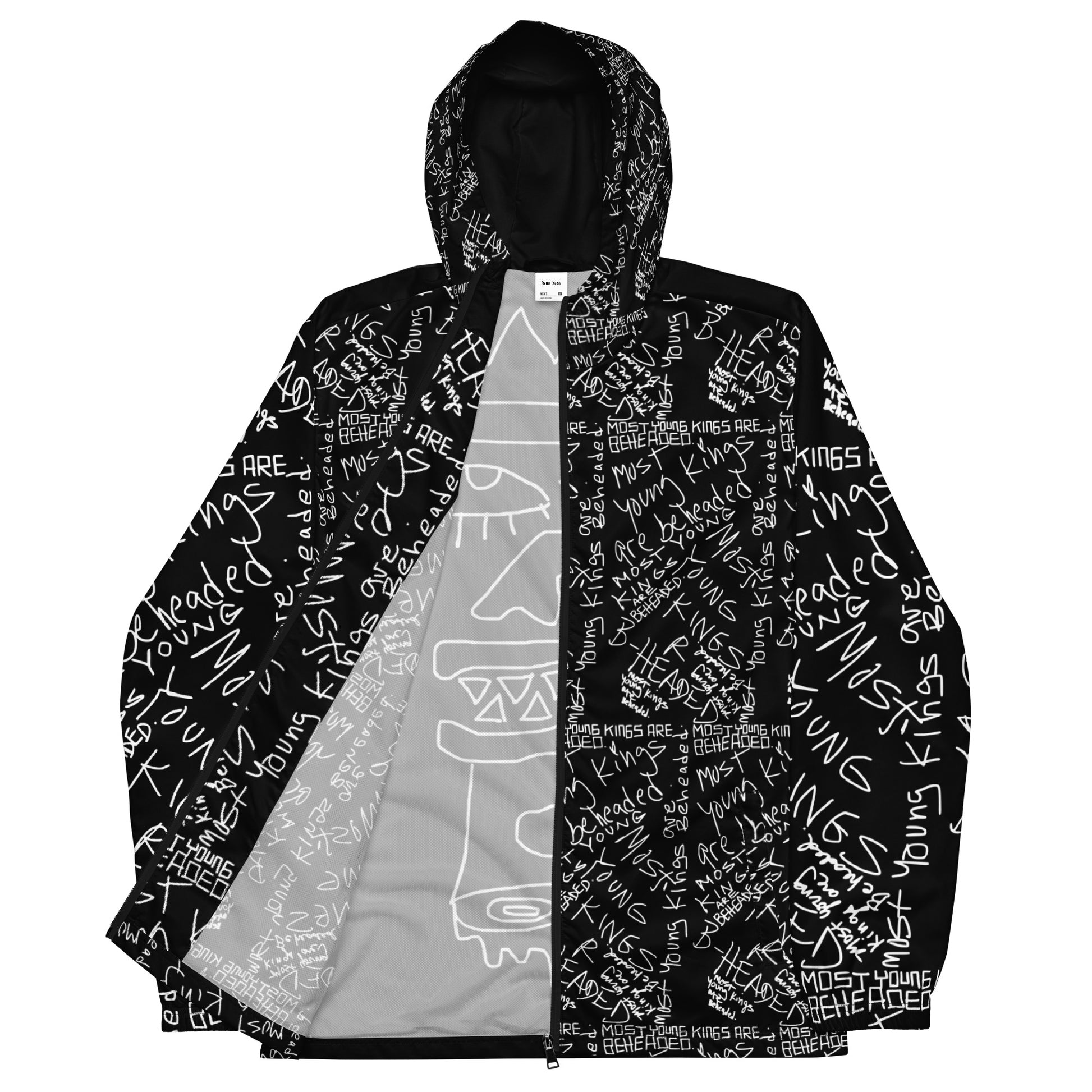 Black raincoat with white text pattern on a white background