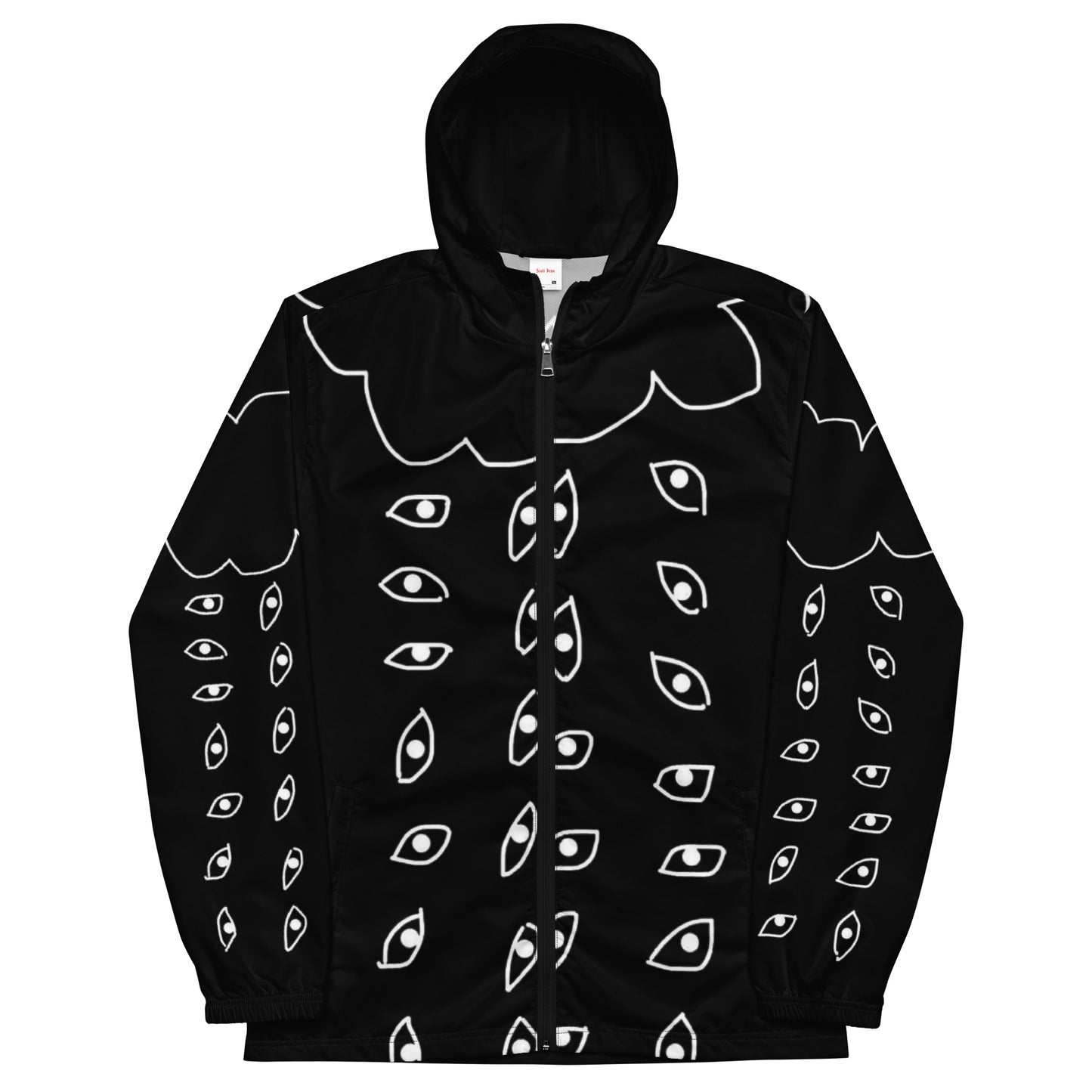 Black hoodie with white eye pattern on a white background