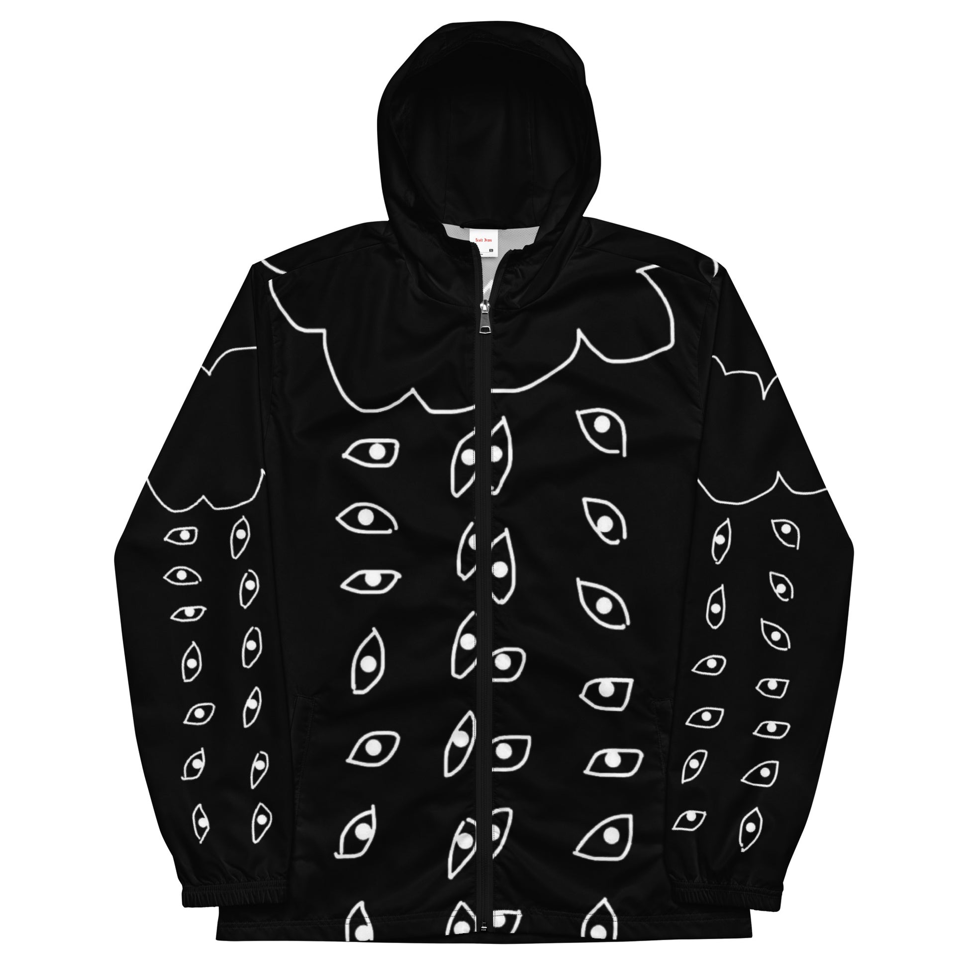 Black hoodie with white eye pattern on a white background