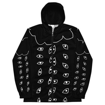 Black hoodie with white eye pattern on a white background