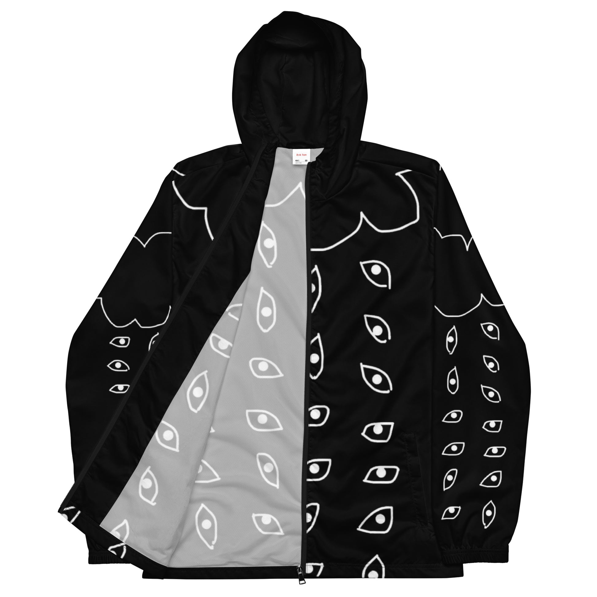 Black hooded jacket with white eye pattern on a white background