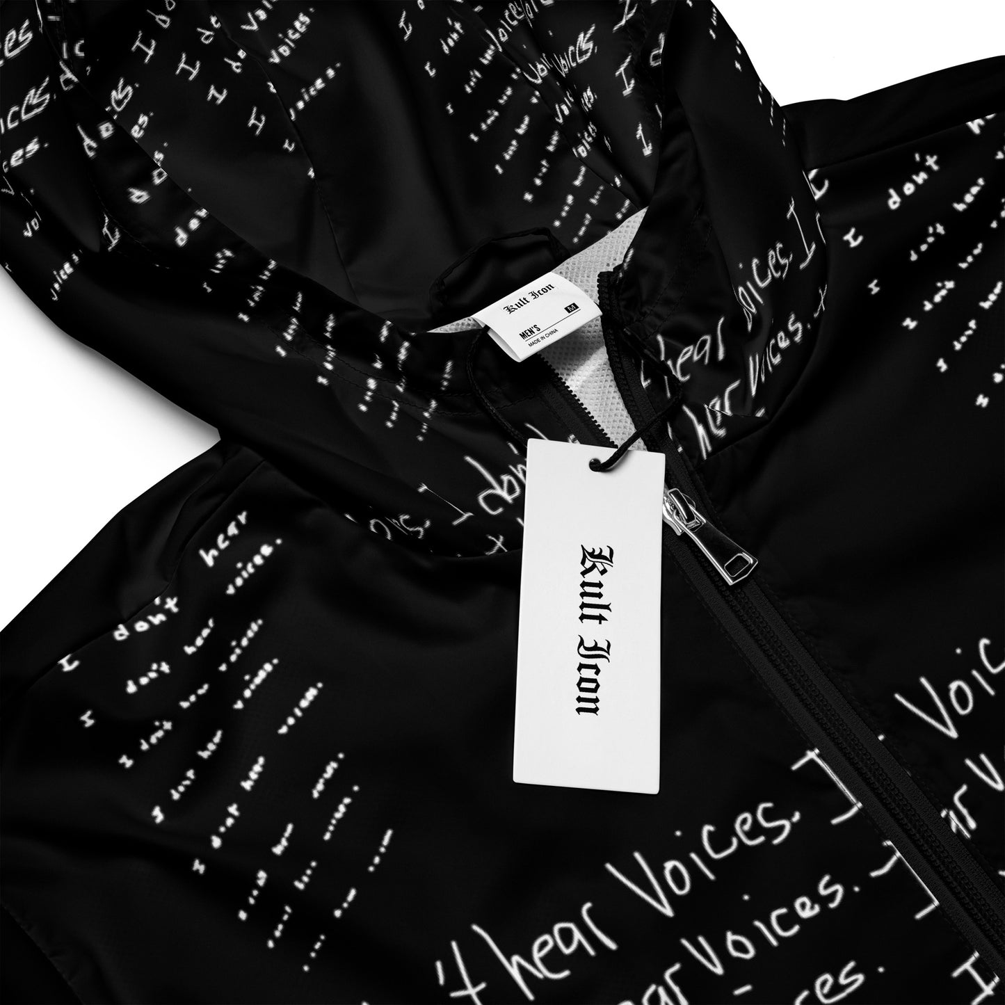Black hoodie with text pattern and Kult Icon tag on a white background