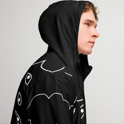 Person wearing a black hooded jacket with white patterns on a light gray background