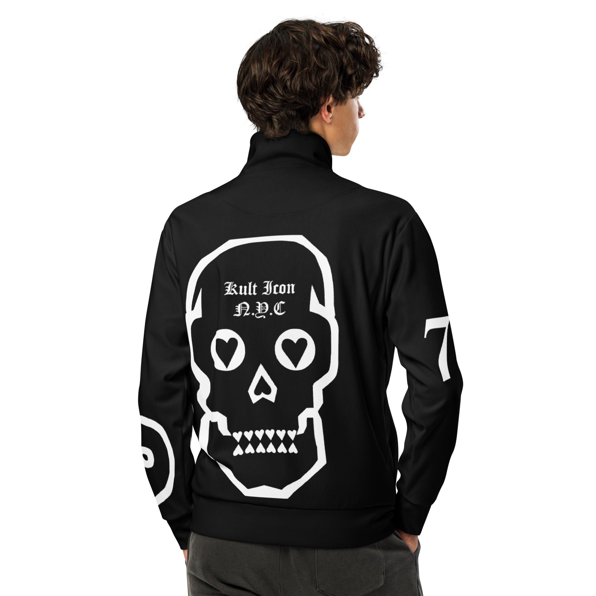 Black jacket with white skull design and text on a white background