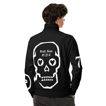 Black jacket with white skull design and text on a white background