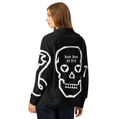 Black bomber jacket with white skull design and text on a white background