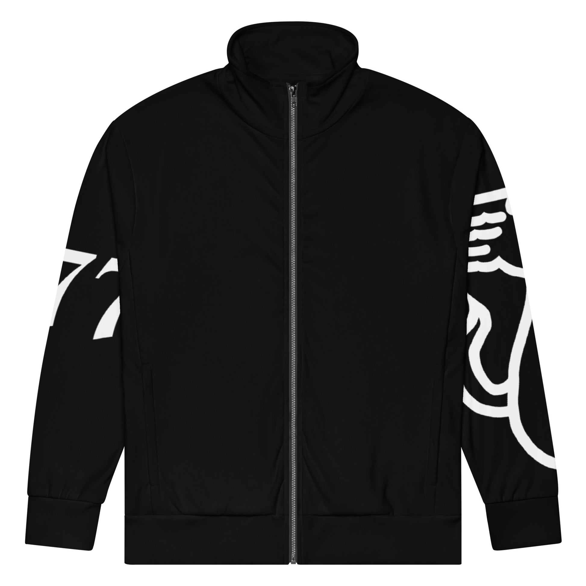 Black jacket with white designs on sleeves against a white background