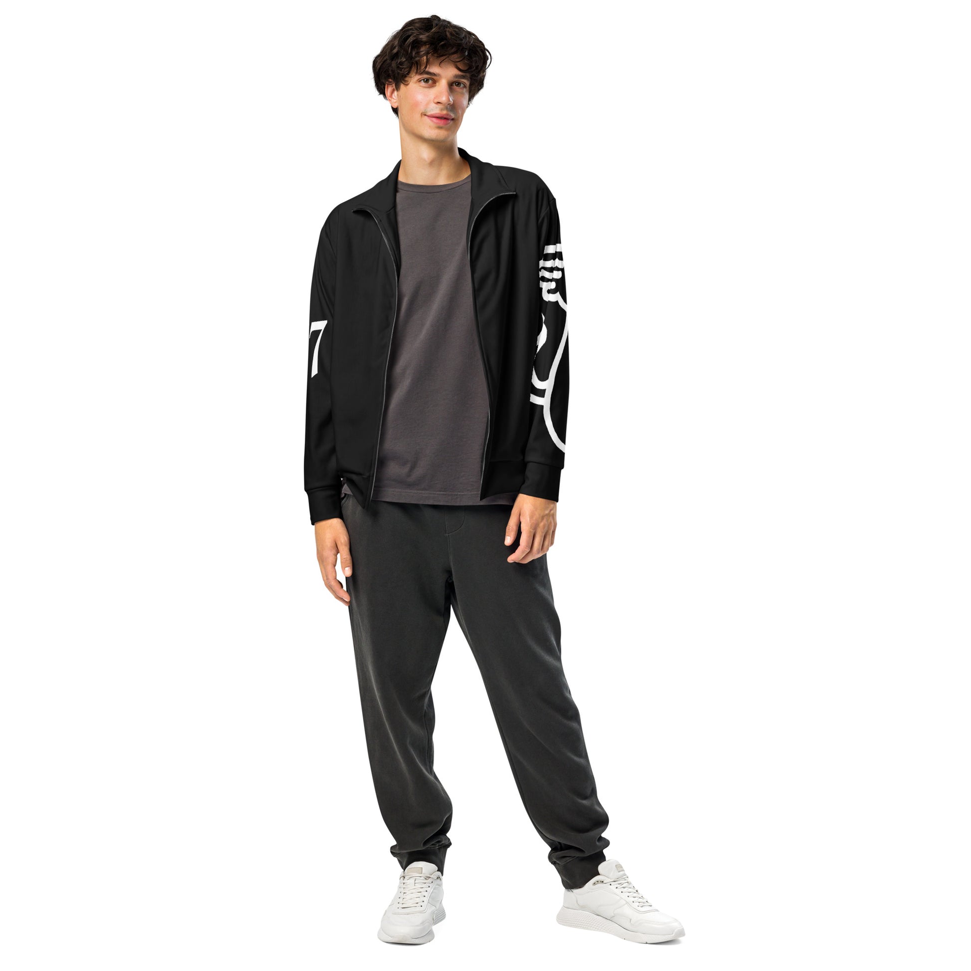 Man wearing a black tracksuit with white text on a white background