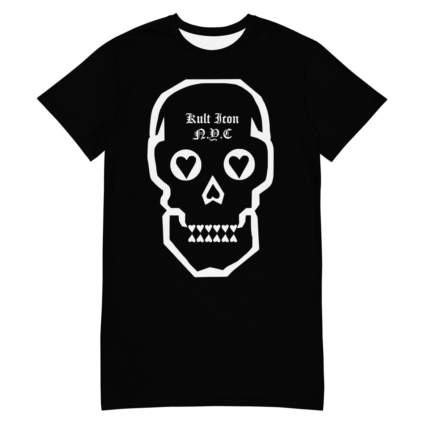 Black t-shirt with a white skull design and text on a white background