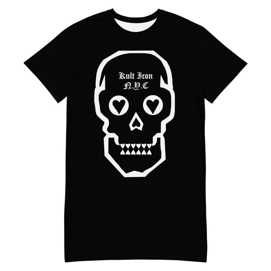 Black t-shirt with a white skull design and text on a white background