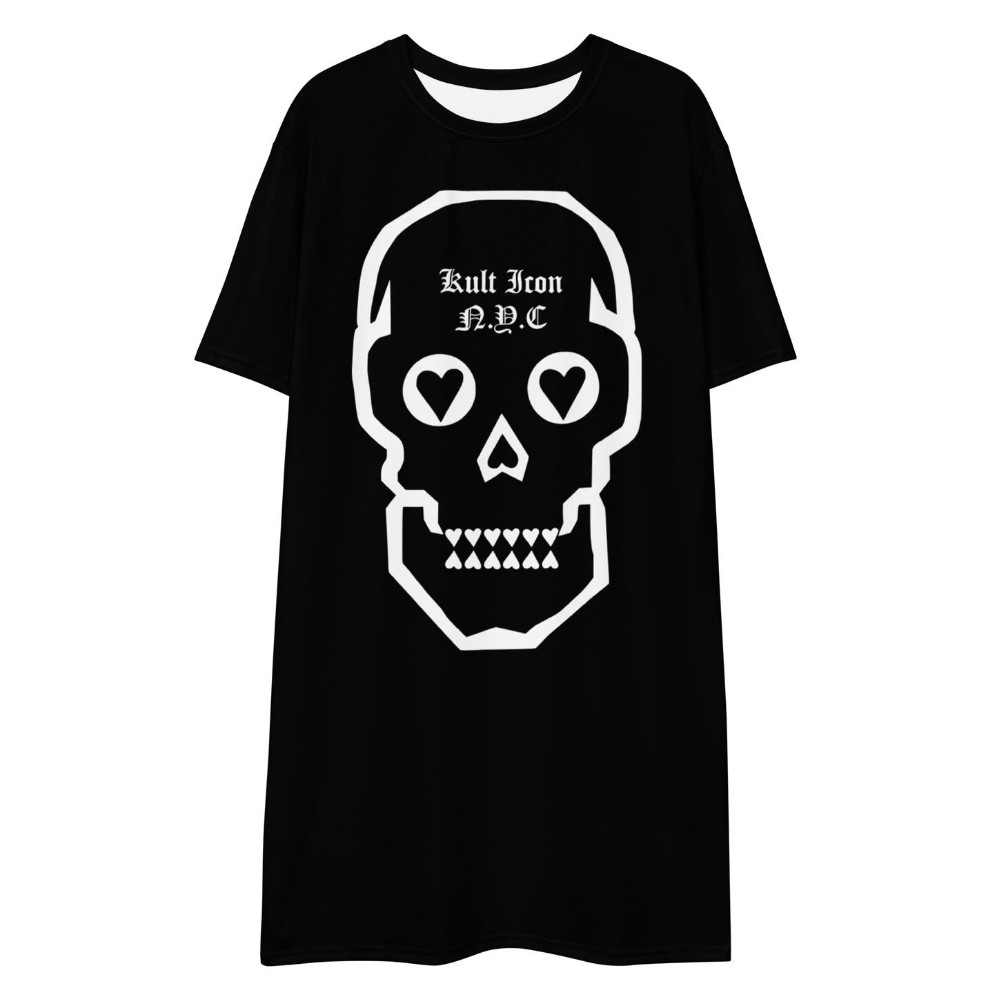 Black t-shirt with a white skull design and text on a white background