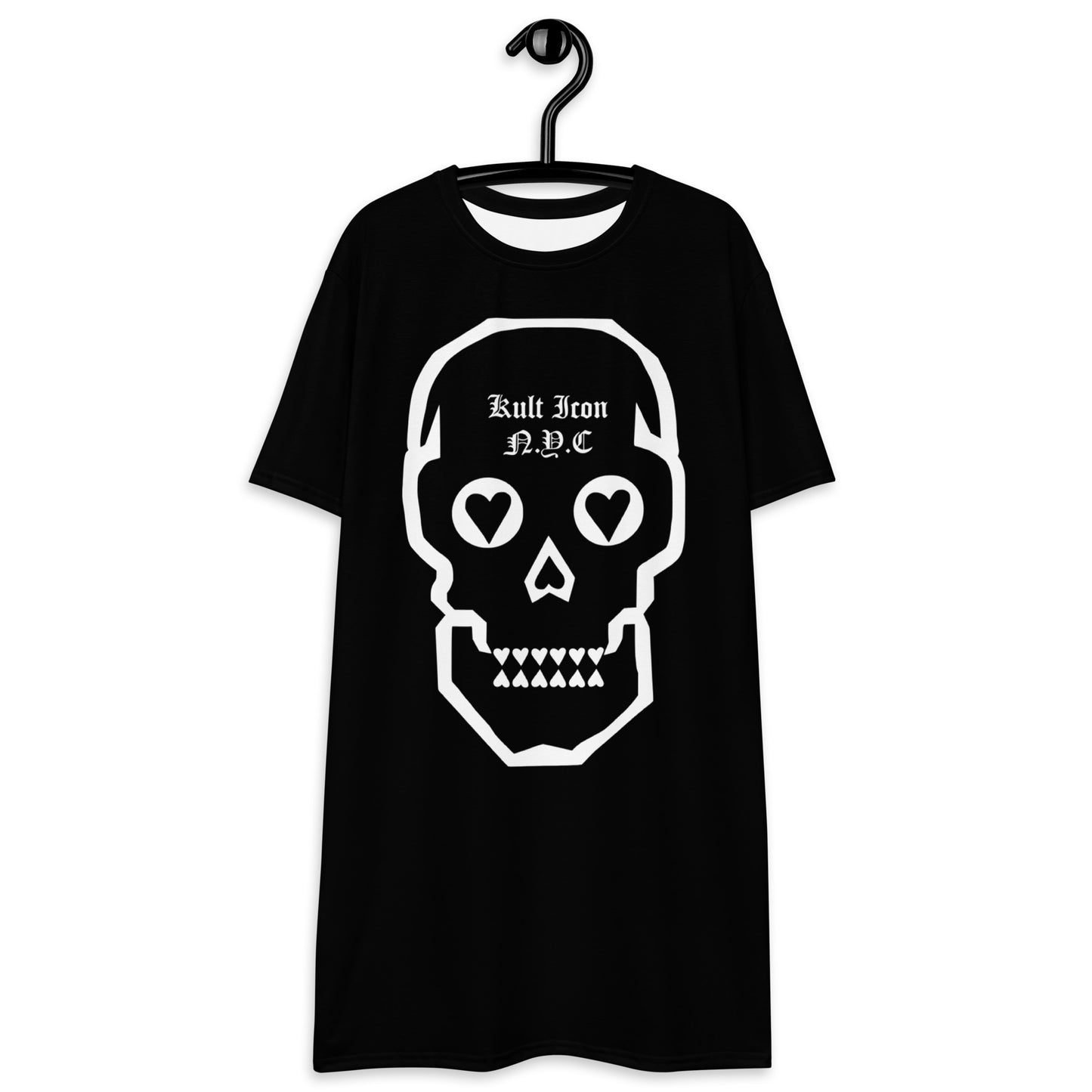 Black t-shirt with a white skull design on a hanger against a white background