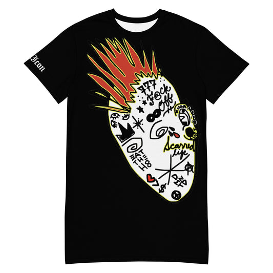 Black tshirt dress with “Scarred life” oversized print design on front, punk rocker with orange Mohawk haircut and face tattoos. White Kult Icon logo is on the right sleeve. 