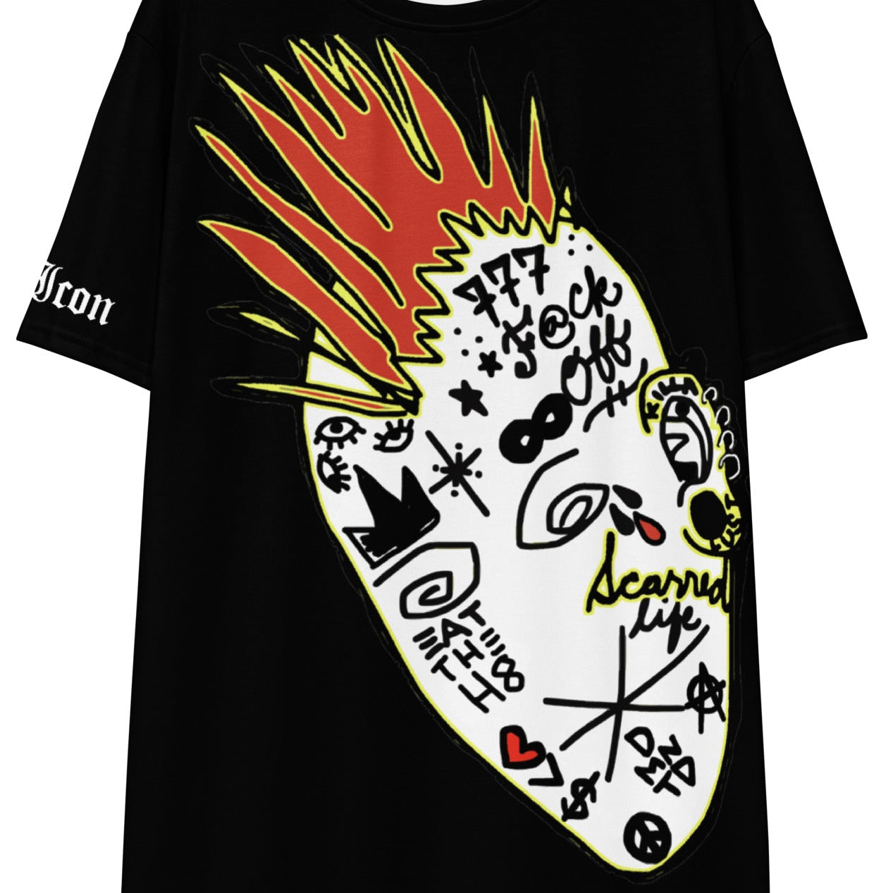 Black t-shirt with colorful graphic design on a white background
