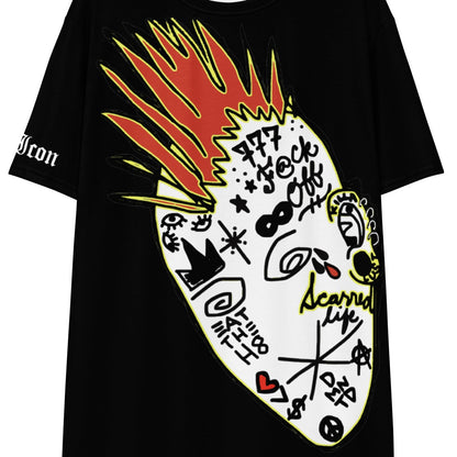 Black t-shirt with colorful graphic design on a white background
