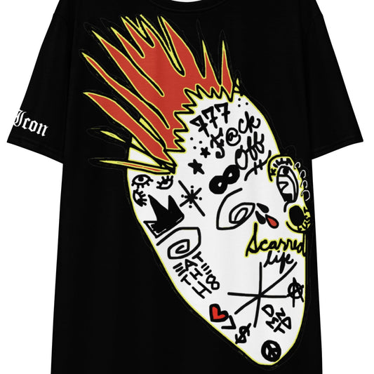 Black t-shirt with colorful graphic design on a white background