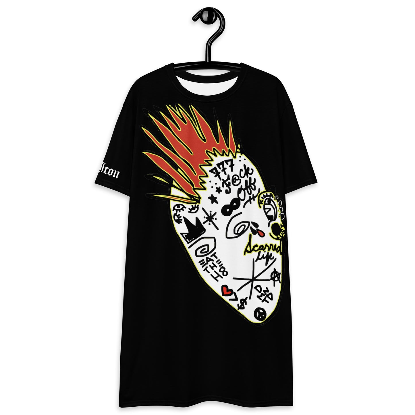 Black t-shirt with a colorful graphic design on a hanger against a white background
