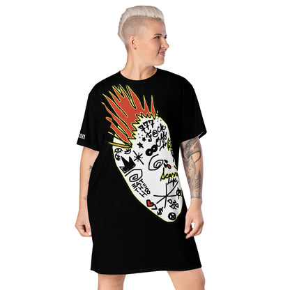 Person wearing a black t-shirt dress with colorful graphic design on a white background