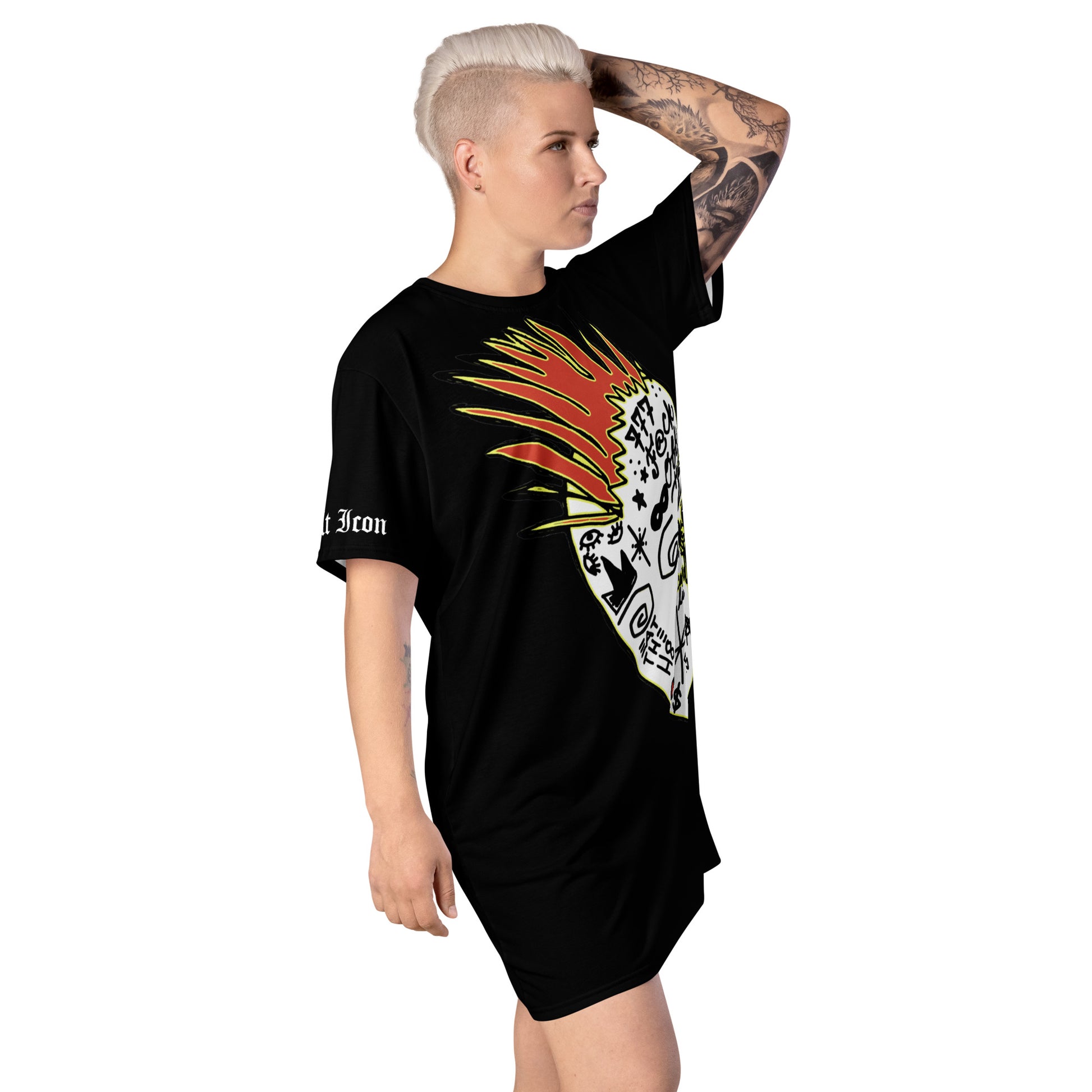 Person wearing a black t-shirt with a colorful graphic design on a white background