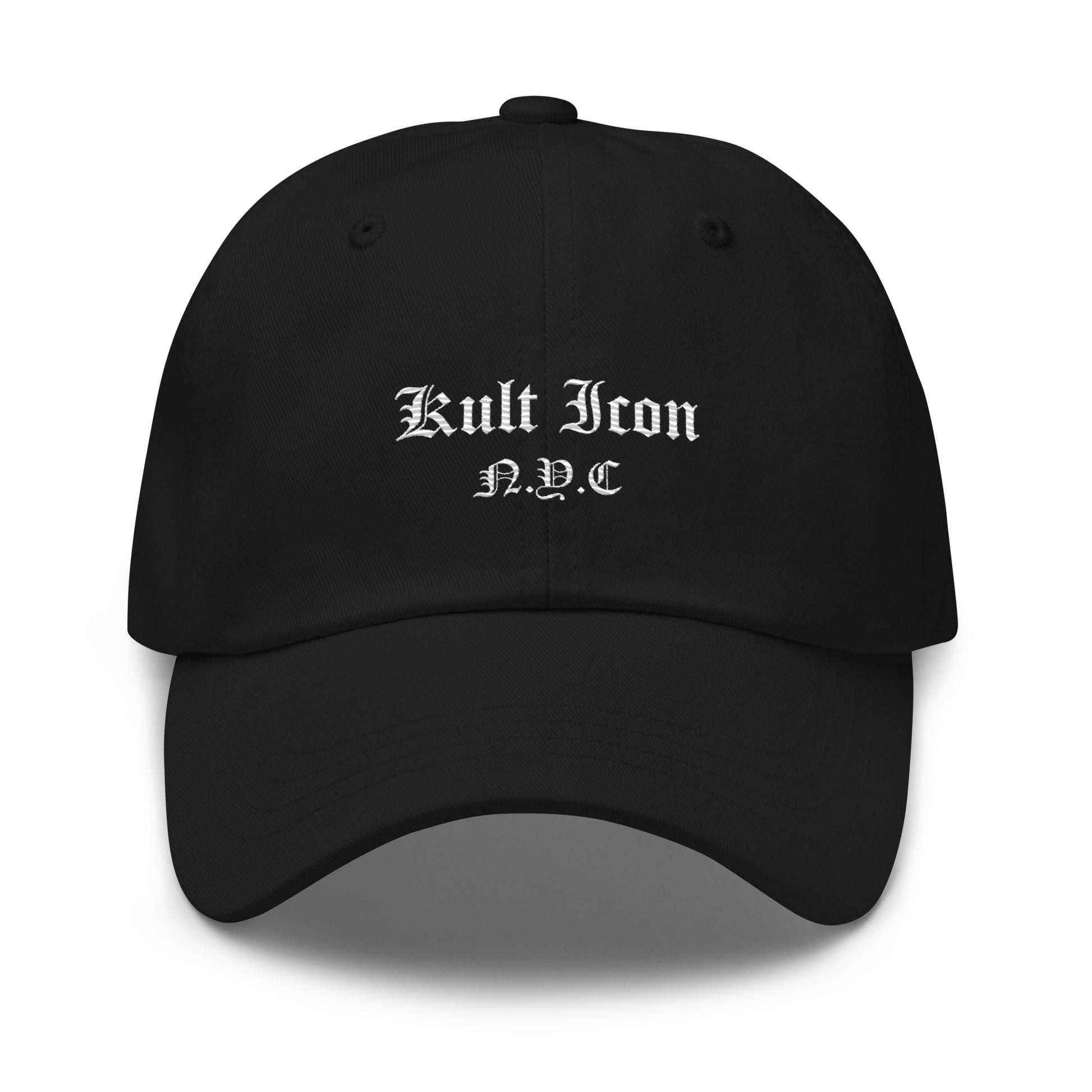 Black cap with 'Kult Icon N.Y.C.' text on a white background