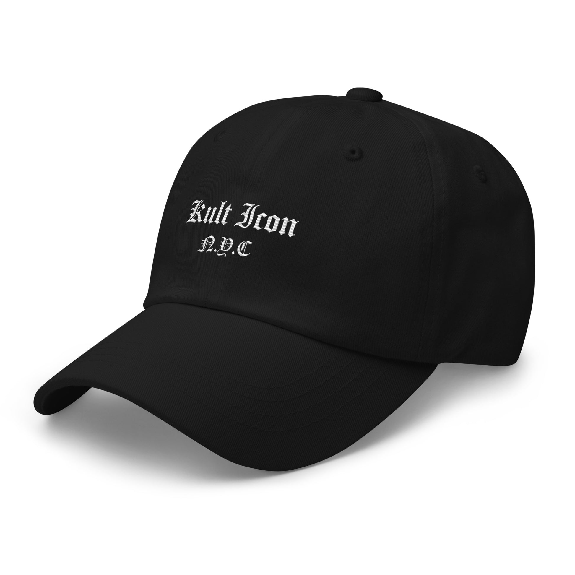 Black cap with 'Kult Icon N.Y.C.' text on a white background