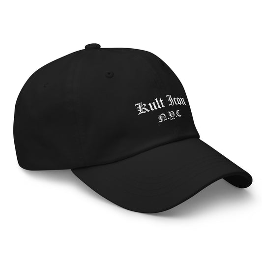 Black cap with 'Kult Iron N.Y.C.' text on a white background