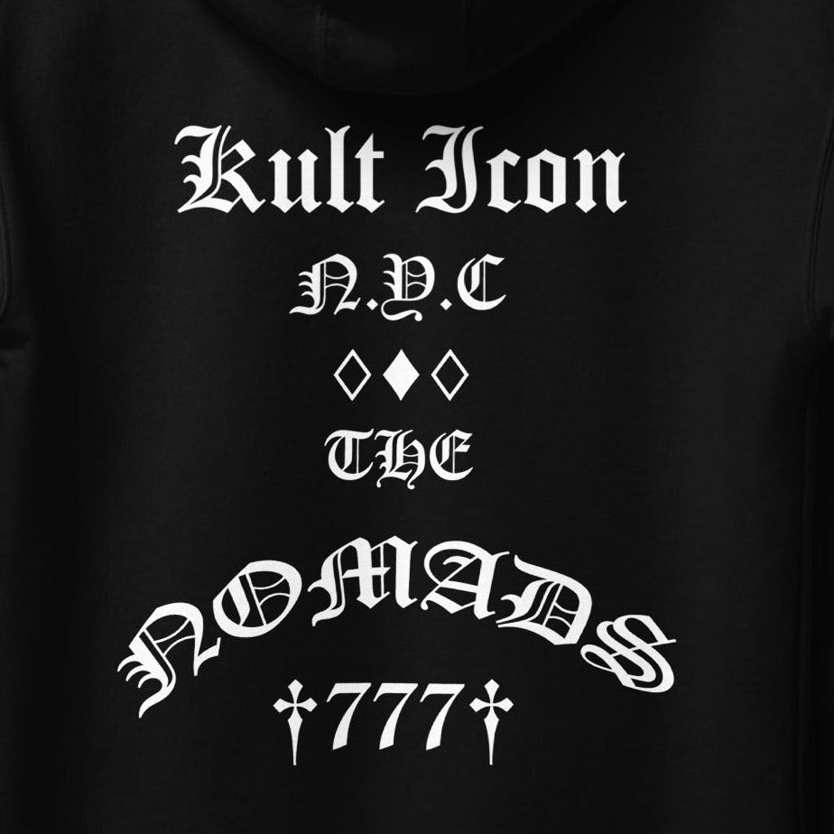Black hoodie with white text on a hanger against a white background