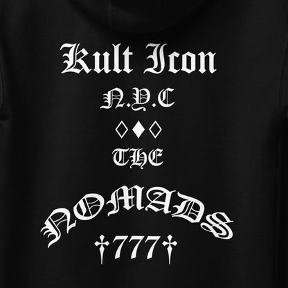 Black hoodie with white text on a hanger against a white background