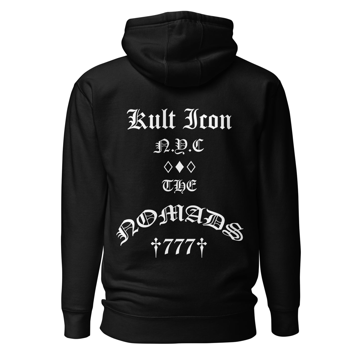 Black hoodie with white text on the back on a white background