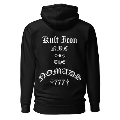 Black hoodie with white text on the back on a white background