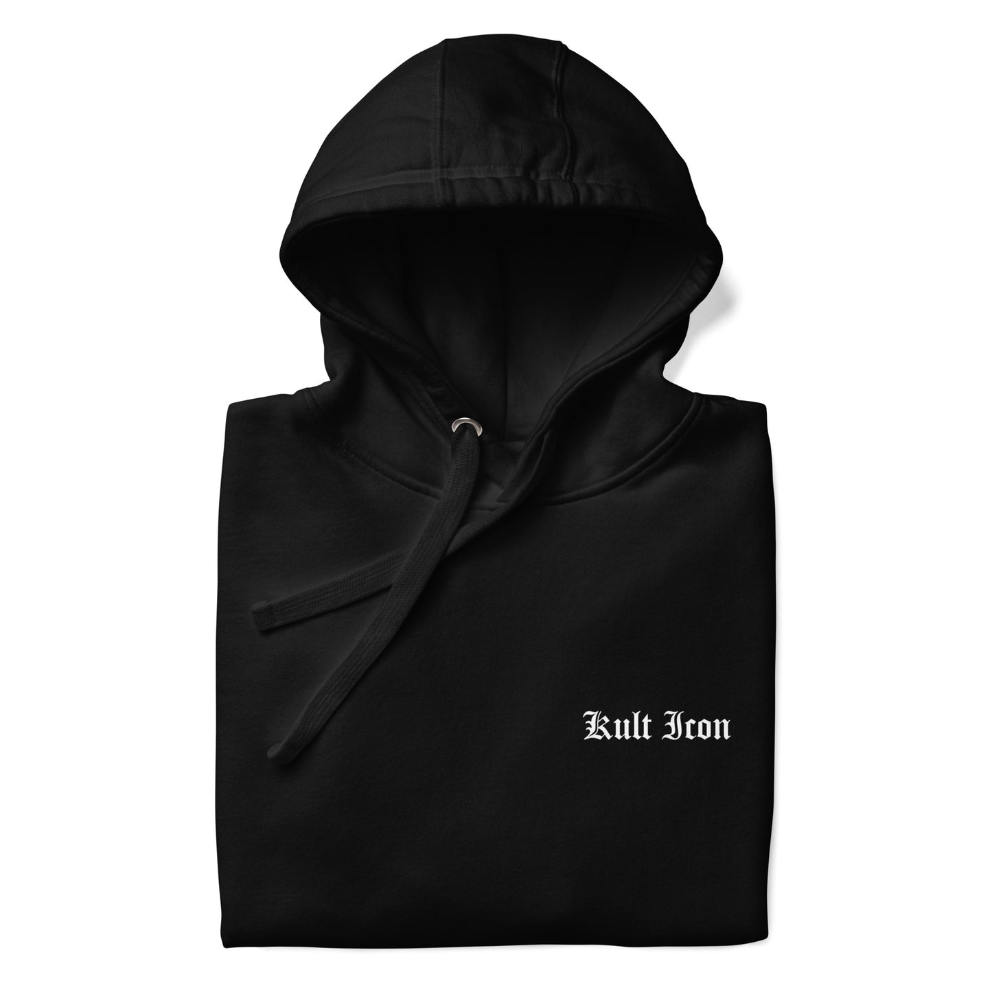 Black hoodie with 'Kult Iron' logo on a white background