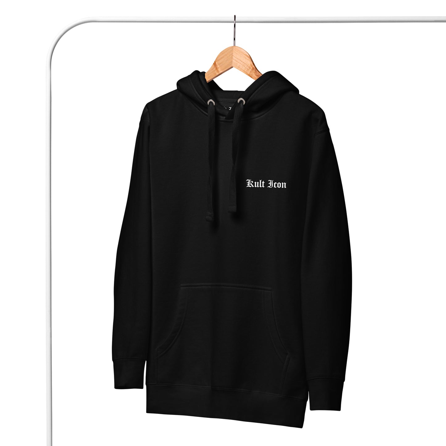 Black hoodie with 'Kult Icon' text on a hanger against a white background