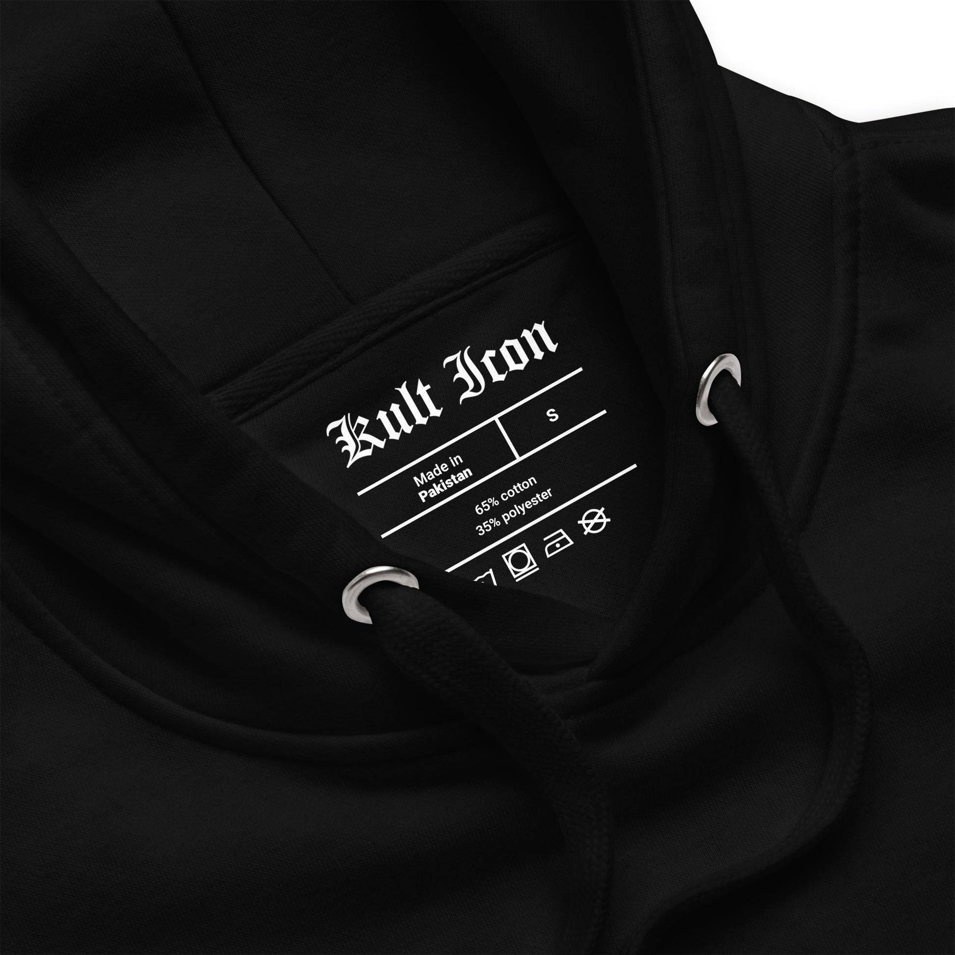 Black hoodie with 'Kult Iron' branding and label on a white background
